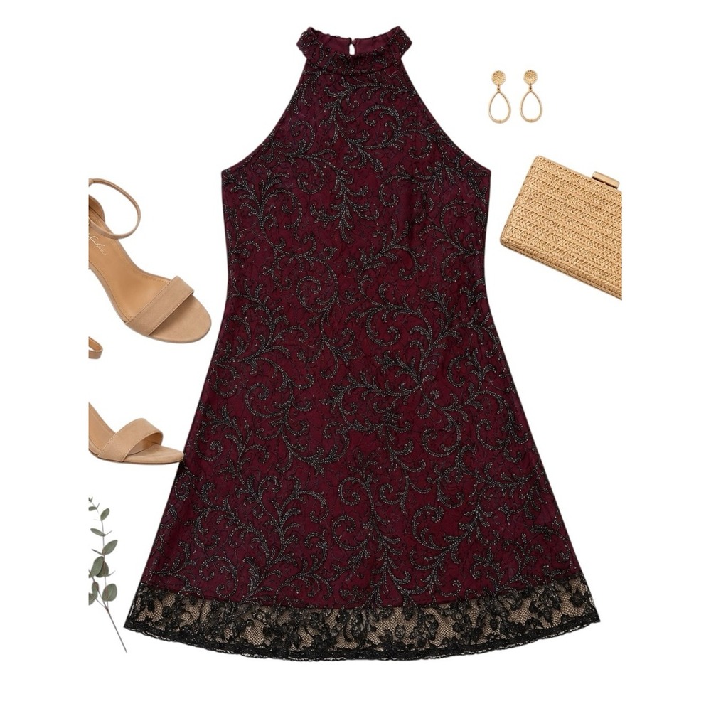 Altar'd State Burgundy Black Sequin Lace Party Dress Medium Cocktail Mini Dress